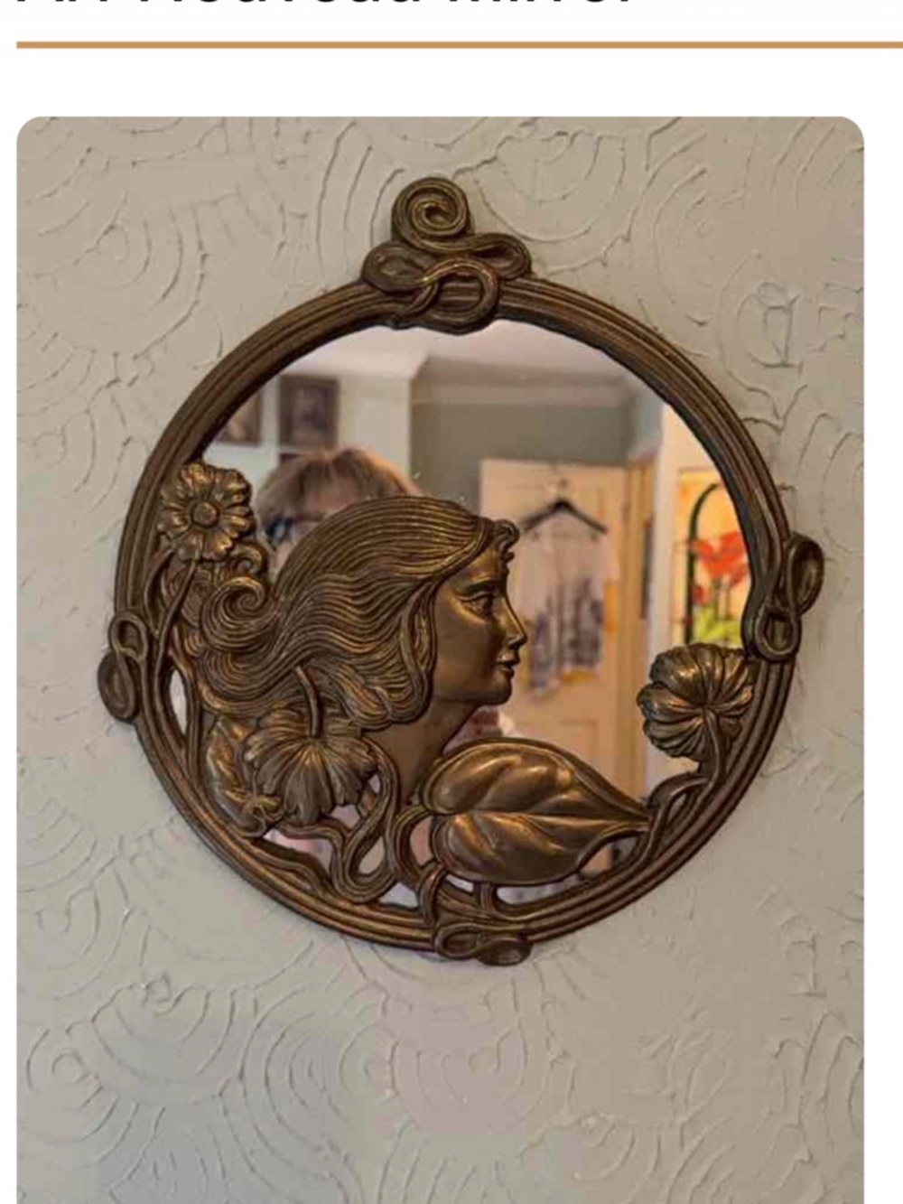 Decorative Bronze-Tone Art Nouveau Round Wall Mirror
